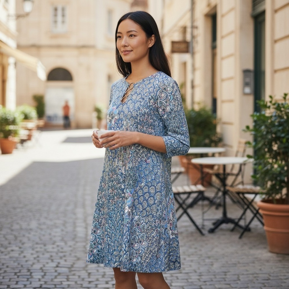 MSK Womens Blue Floral Print 3/4 Sleeve Tunic Dress With Decorative Rings Size M
